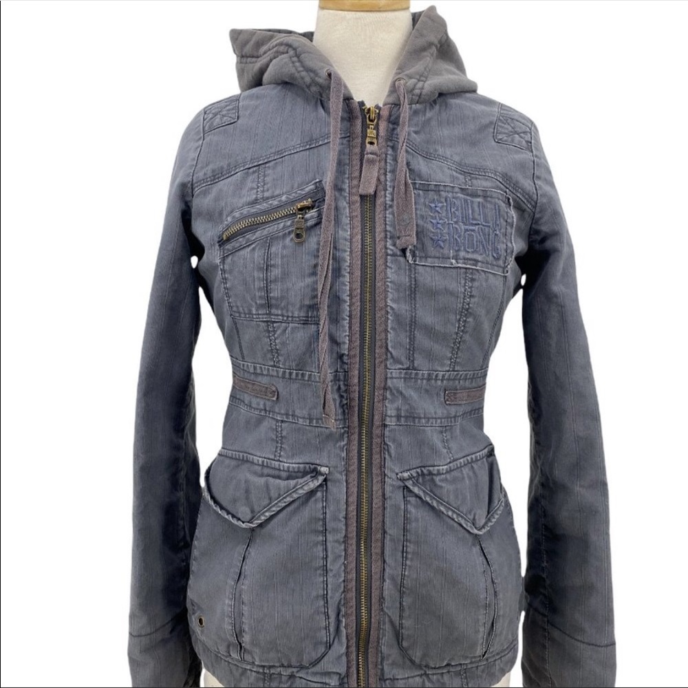Billabong casual coat utility jacket distressed hooded full zip medium gray